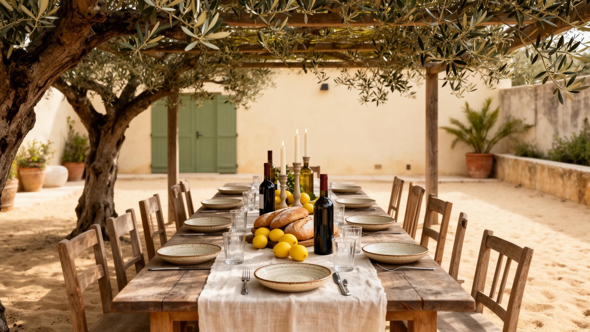 A long communal table set under an olive tree pergola in a Mediterranean courtyard