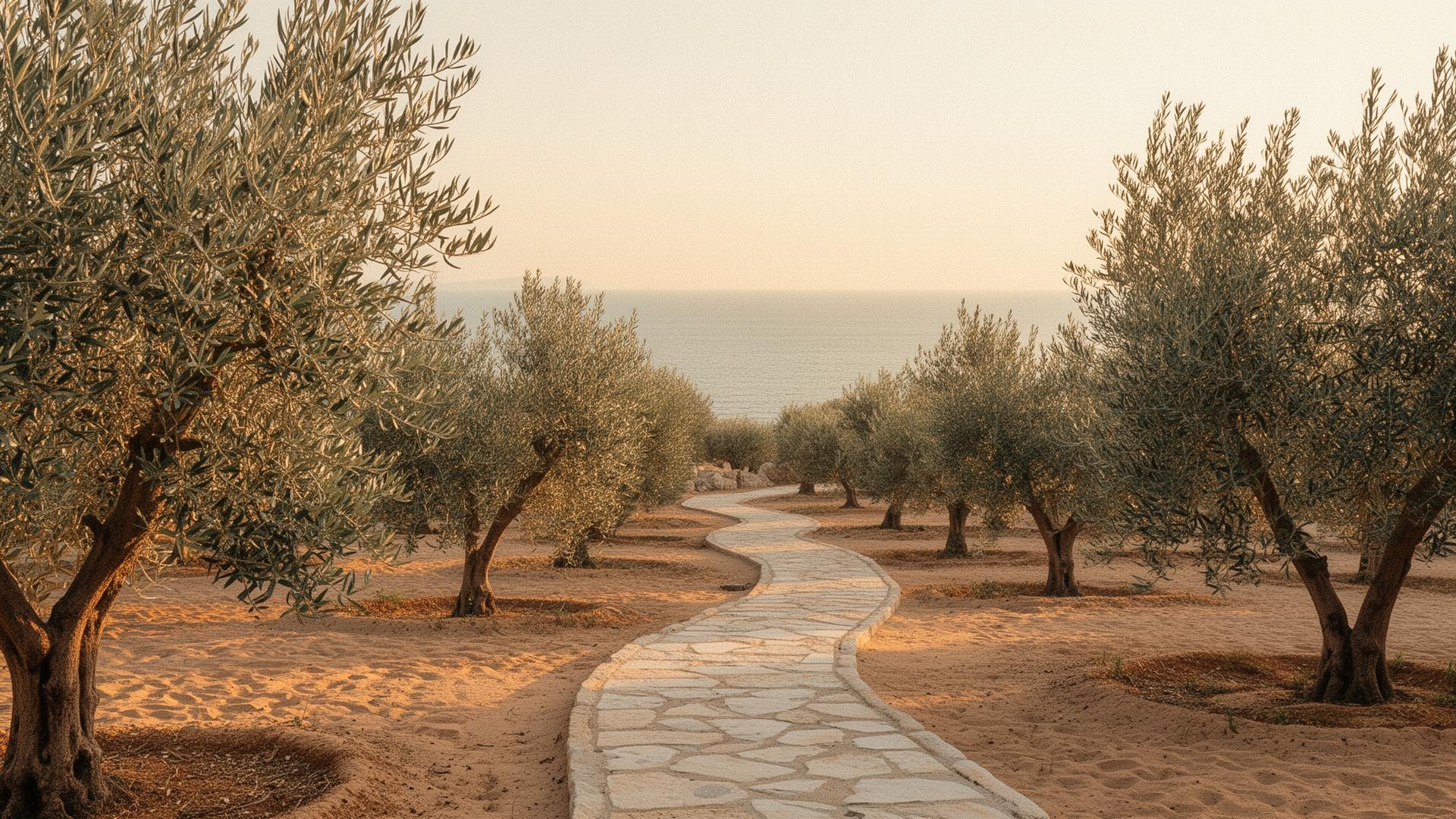 Stone path winding through olive groves toward a calm sea horizon